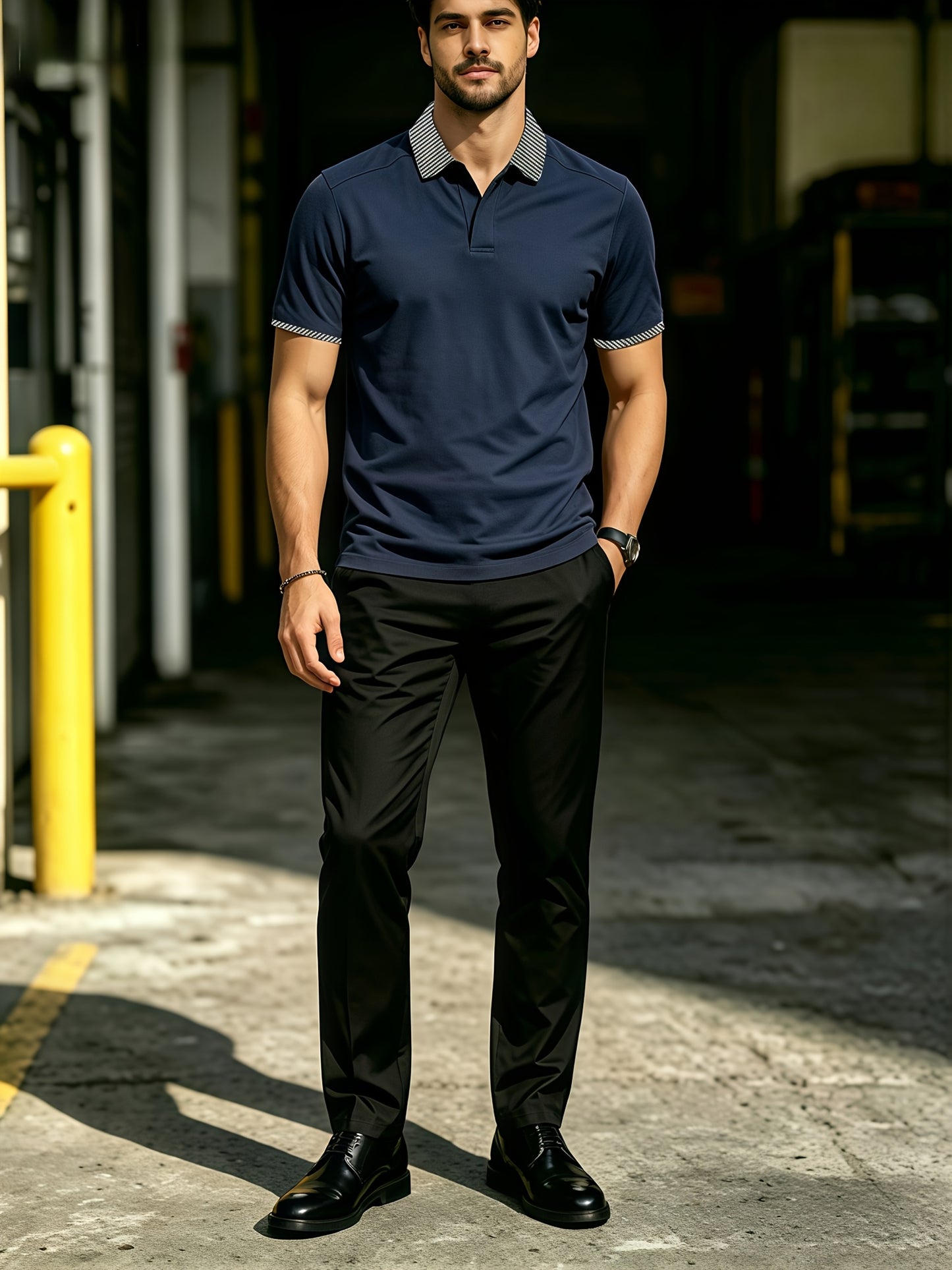 Men's Summer Plaid Collar Polo & Black Pants Casual Set