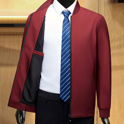 Men's Solid Burgundy (or other colors available) Slim-Fit Full-Length Zip-Up Jacket - Lightweight Business Casual Coat with Full-Length Zipper Closure, White Collar & Full-Length Zip Jacket for Office, Semi-Formal & Semi-Prof