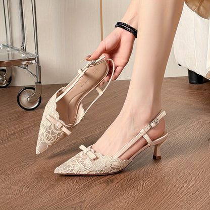 Women'S Elegant Lace-Embroidered Pointed-Toe High Heel Sandals - Beige Block Heel, Ankle Strap with Buckle, Breathable Mesh Upper, Comfortable Summer  All-Season Wear, High Heel Sandals