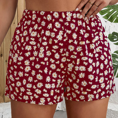 Women's High-Waisted Floral Print Wide-Leg Shorts - Navy Blue with Yellow & White Flowers, Lightweight Polyester, Perfect for Spring & Summer Travel, Vacation Style, Spring Shorts | Floral Shorts | Stylish Design, High Waiste