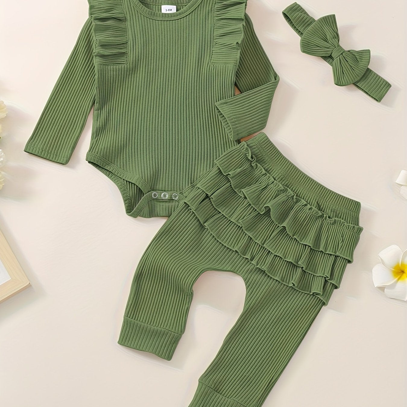 3pcs Baby Girl Outfit Set, Cute Ribbed Ruffle Long Sleeve Romper & Pants, 95% Cotton 5% Spandex, Crew Neck Pullovers, Solid Color, Regular Fit, No Belt, Fall/Winter Knit Fabric, 0-18 Months, for Outdoor