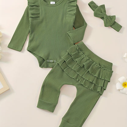 3pcs Baby Girl Outfit Set, Cute Ribbed Ruffle Long Sleeve Romper & Pants, 95% Cotton 5% Spandex, Crew Neck Pullovers, Solid Color, Regular Fit, No Belt, Fall/Winter Knit Fabric, 0-18 Months, for Outdoor