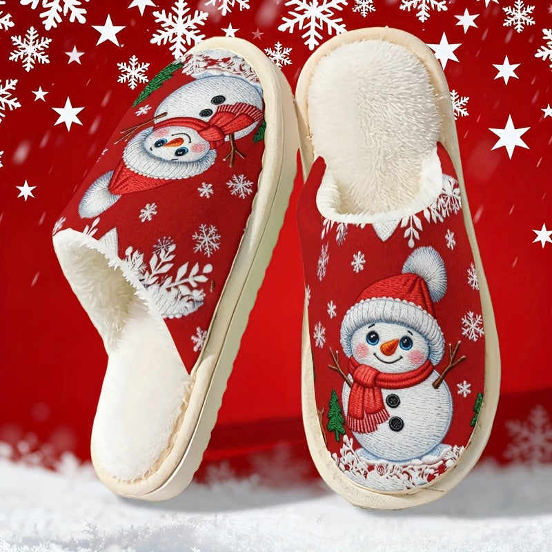 Cozy Fleece-Lined Slip-On Slippers with Snowman & Reindeer Design - Soft Fabric Upper, EVA Sole, Round Toe, Perfect for Fall/Winter, Unisex Couple Matching, Cute Slippers, Winter Footwear, Playful Design, Comfortable Footwear