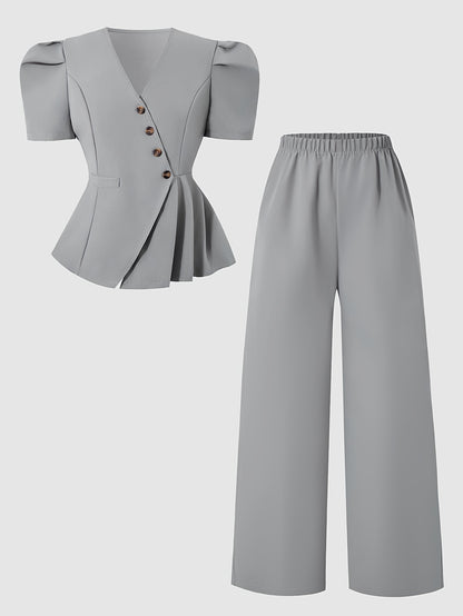 Girls' Summer Two-Piece Set V-Neck Cardigan & Wide-Leg Pants
