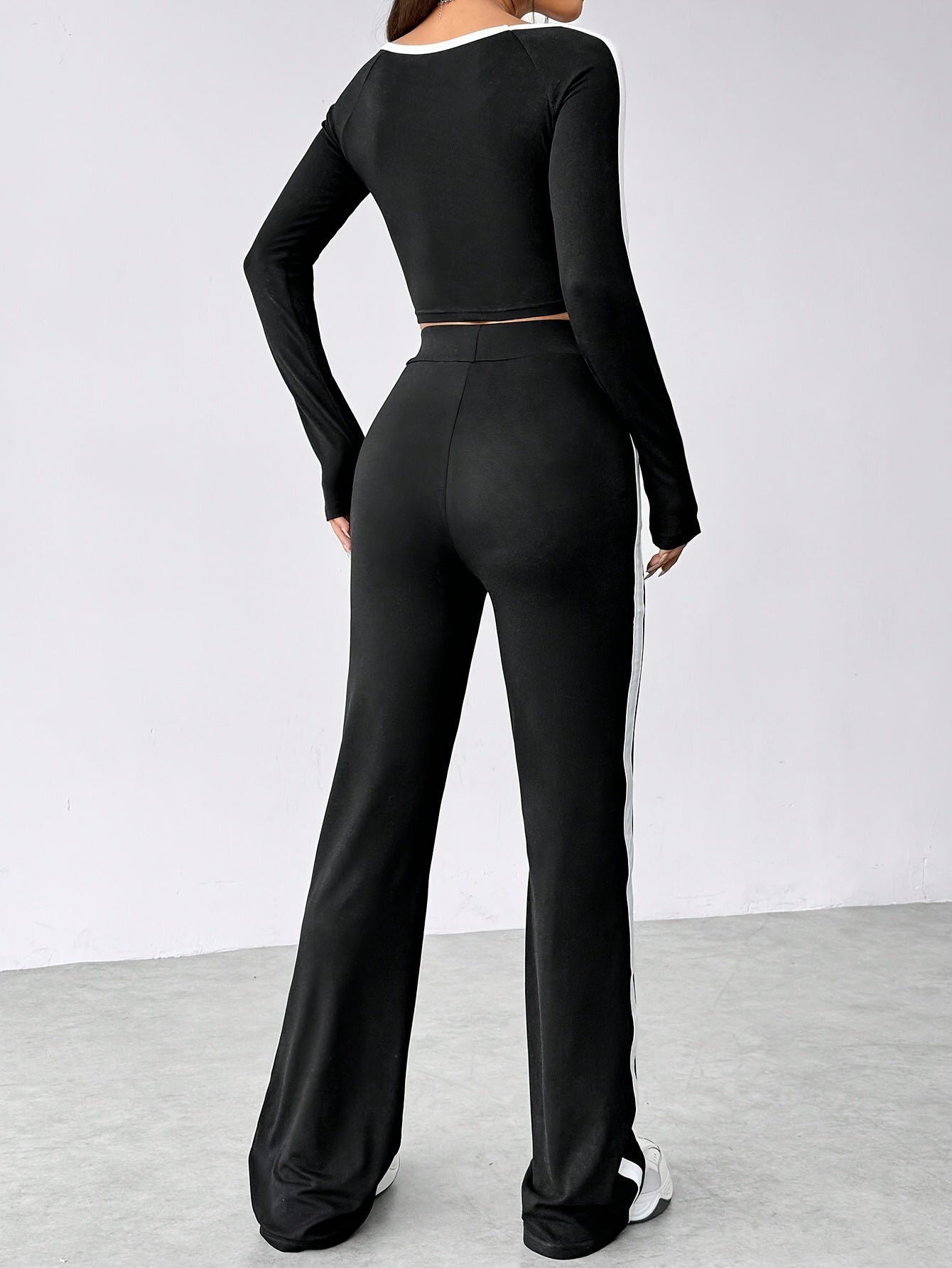 Round-neck Long-sleeve Top/elastic Waistband Trousers Set