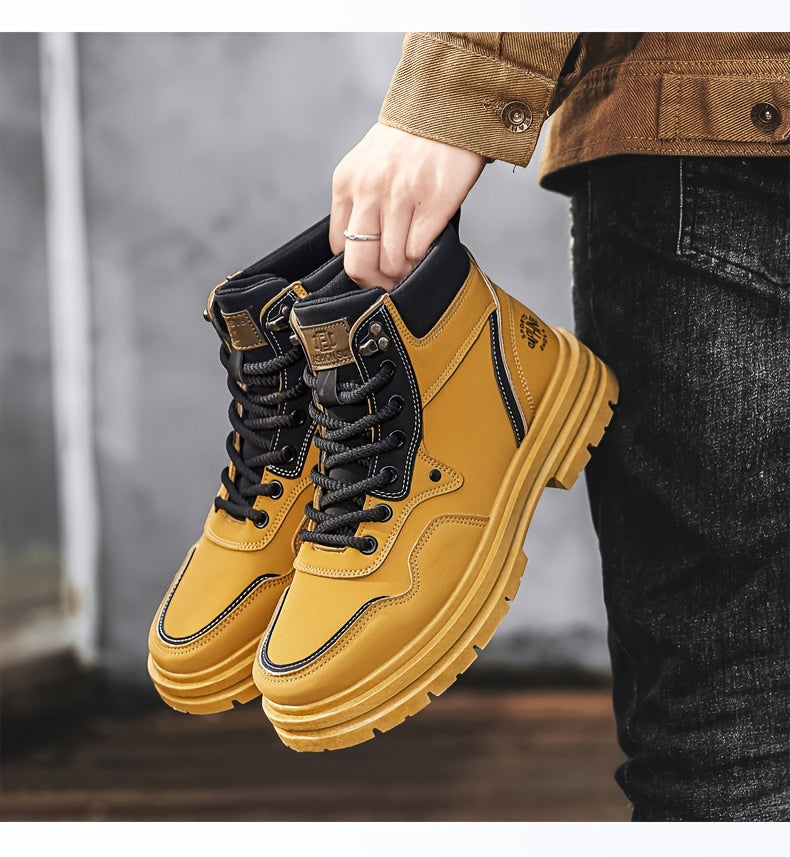 Men's Trendy Solid Ankle Boots, Comfy Non Slip Lace Up Durable Shoes for Men's Outdoor Activities