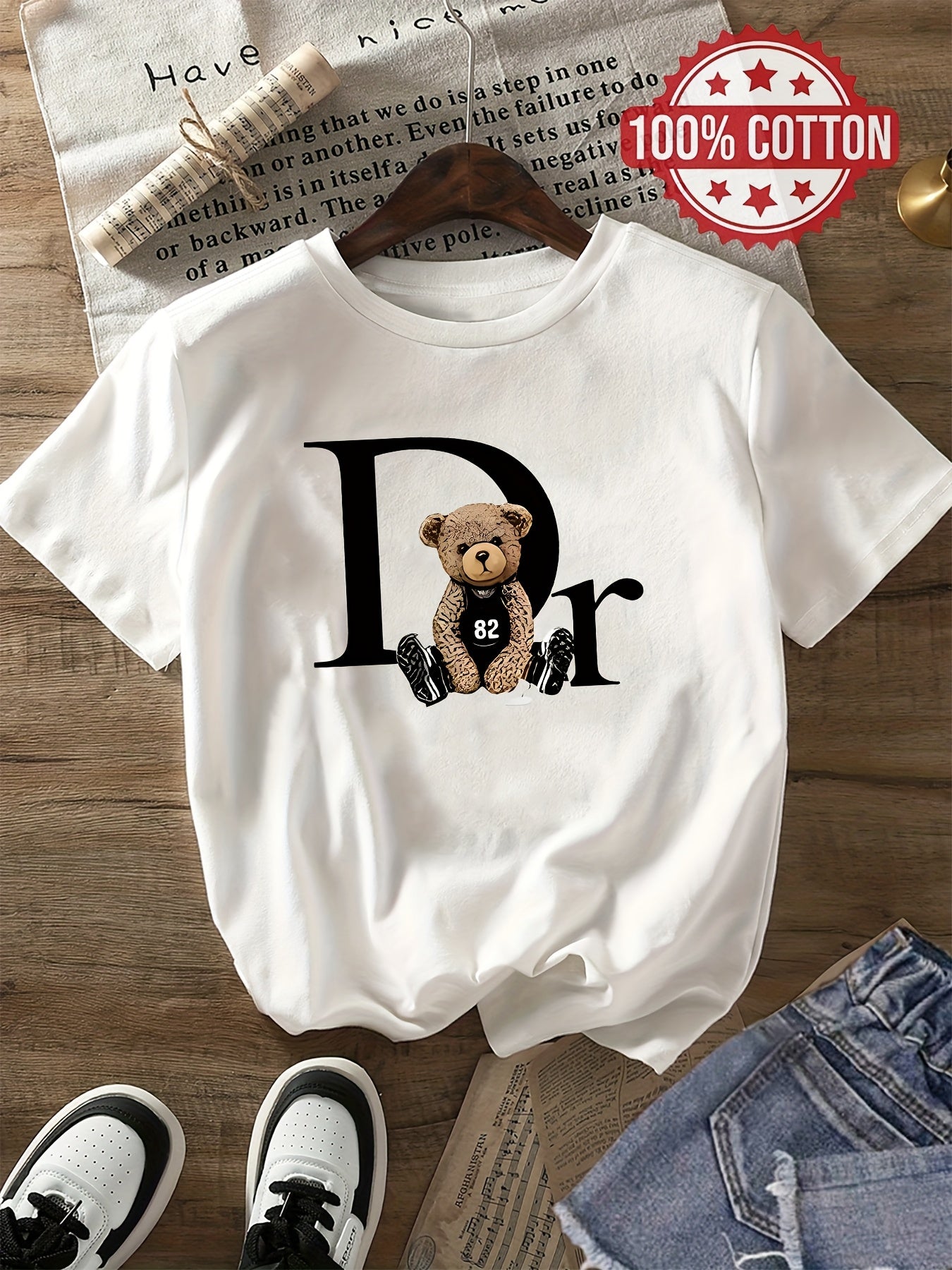 Women's Casual Cotton Letter Print Crew Neck T-Shirt