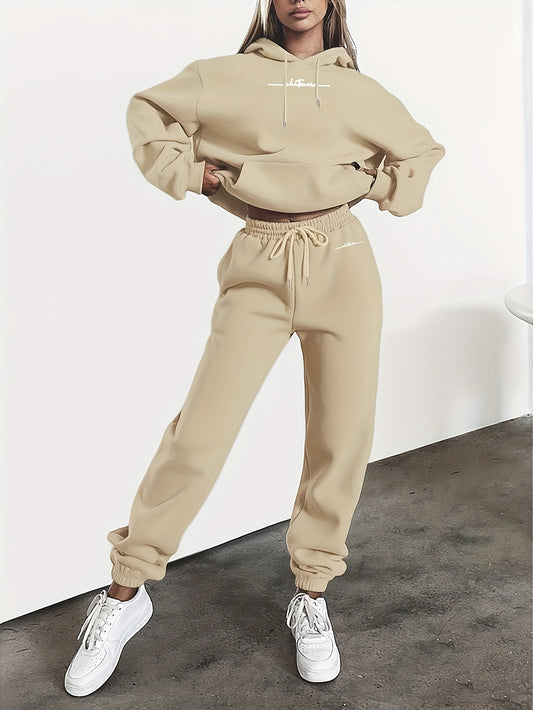 New Arrival Gray Print Women's Hooded Drawstring Sweatshirt and Pants Set, Autumn/Winter Warm Long-Sleeve Pullover with Hat, Machine-Washable Polyester, Versatile Outfit