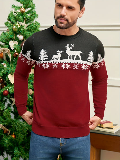 Men's Red/White/Navy Blue Christmas Sweater Sweater Vest-like Long Sleeve Pullover - Reindeer & Pine Tree Pattern, H-Fit Winter Party Outfit, Machine Washable Holiday Sweater for Xmas (No Belt/Tie)