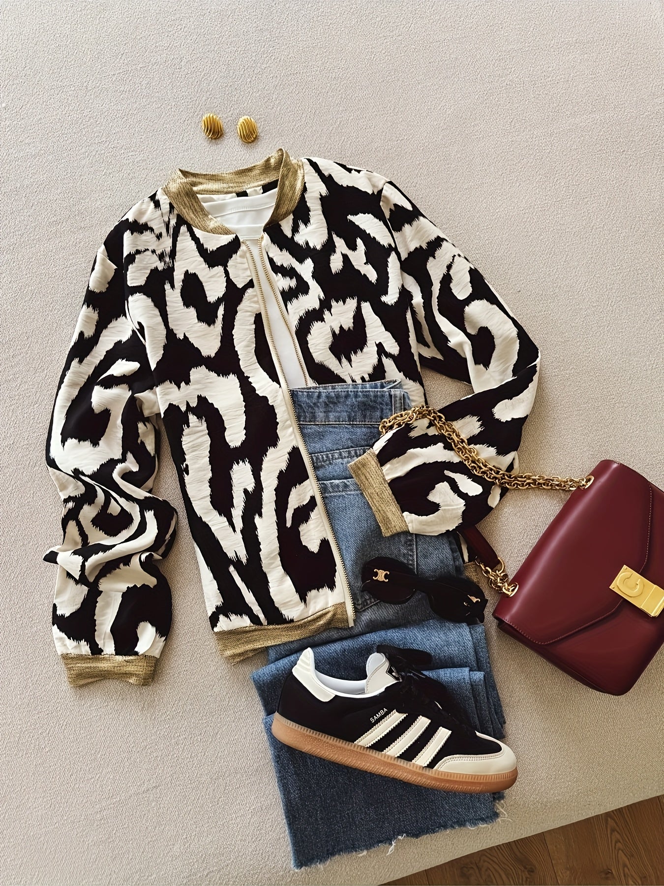 Կանացի թեթև, ընձառյուծի նախշերով բոմբեր բաճկոն - առօրյա, երկար թևքերով, կայծակաճարմանդով, երկրաչափական նախշերով, սև և սպիտակ դիզայնով, իդեալական է գարնան/աշնան համար, գարնանային վերնազգեստ | Նորաձև առօրյա հագուստ | Կայծակաճարմանդով բաճկոն