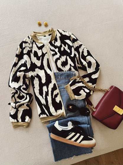 Կանացի թեթև, ընձառյուծի նախշերով բոմբեր բաճկոն - առօրյա, երկար թևքերով, կայծակաճարմանդով, երկրաչափական նախշերով, սև և սպիտակ դիզայնով, իդեալական է գարնան/աշնան համար, գարնանային վերնազգեստ | Նորաձև առօրյա հագուստ | Կայծակաճարմանդով բաճկոն