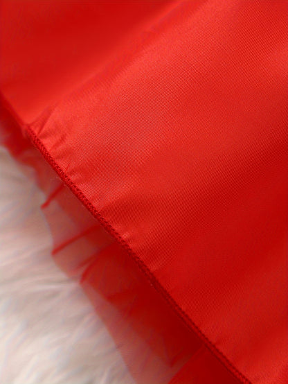 Girls' Christmas Red & White Tulle Dress with Spaghetti Strap Off-Shoulder Neckline, Long Sleeves, Fluffy Trim Hem & Golden Belt - Elegant Party Dress for Holiday Celebrations, Christmas Pageant, New Year's Eve - Machine Wash