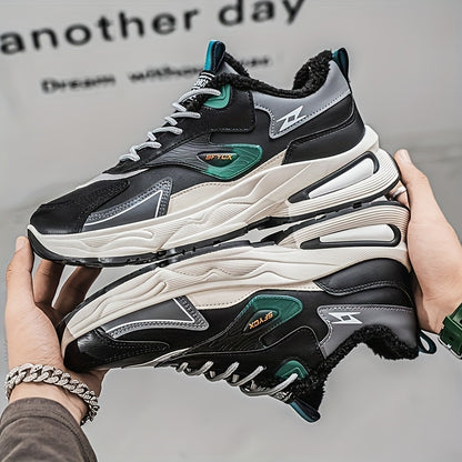 Men's Winter Sneakers with Plush Collar - Beige/Grey/Green PU Upper, Thick Rubber Sole & Traction Tread - Low-Top Lace-Up Warm Shoes for Cold Weather, Casual & Sports (White Accent)