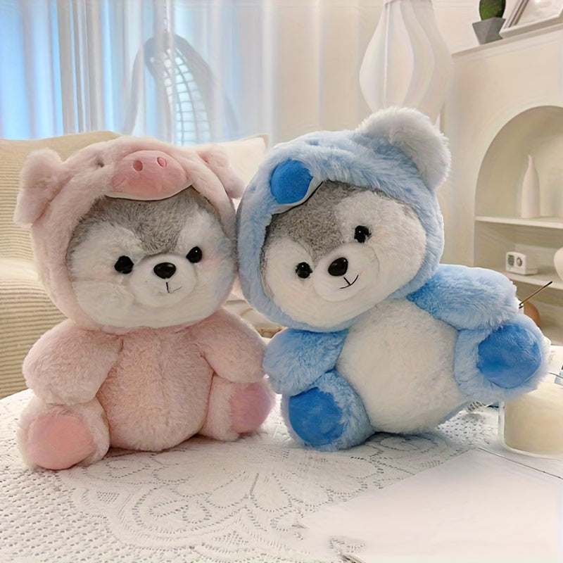 20Cm/7.87In - Adorable Transforming Husky Plush Toy, Featuring a Dinosaur, Pig, Fox, And Koala Headgear. Perfect for Home Decor And an Excellent Choice for Birthday Gifts