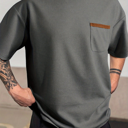 Men's Solid T-shirt With Chest Pocket, Casual Short Sleeve Crew Neck Tee, Men's Clothing For Summer Outdoor
