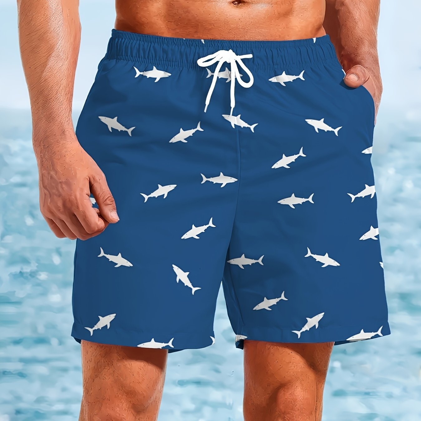 Men'S Beach Shorts Featuring a Group of Adorable Little Sharks in a High-Definition 3D Print, Quick-Drying Swim Trunks with Drawstring, Perfect for Summer Outdoor Activities, Beach Vacations, Swimming, And Surfing.