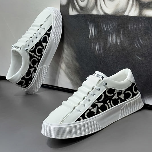 2025 New Men's Spring Slip-On White Sneakers, Breathable Casual Shoes with Embroidered Print, Trendy Footwear - ayq