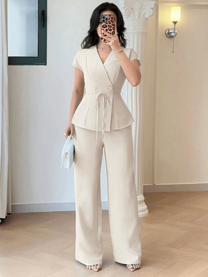 Women's 2-Piece Bell Sleeve Belted Casual Suit for Spring