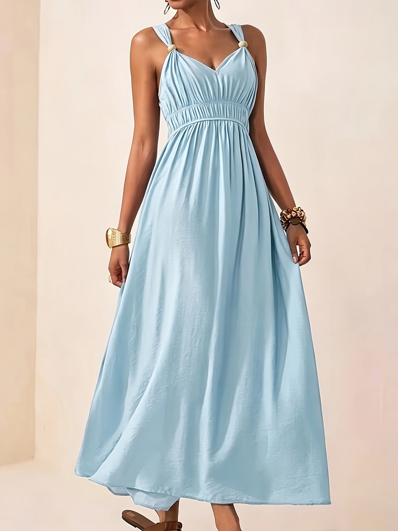 Elegant Summer V-Neck Beaded Sleeveless Waist-Cinching Dress