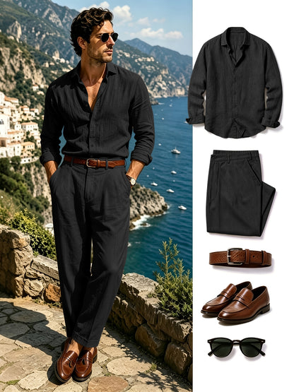 Men's Lightweight Linen Long-Sleeve Shirt & Pants Set for Spring/Fall