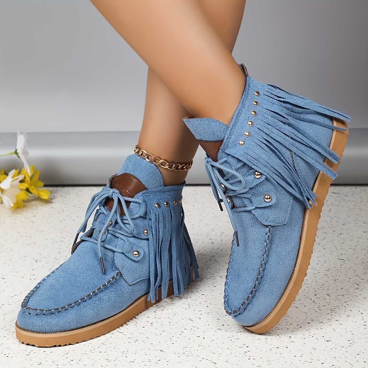 Women'S Fashion Solid Color Tassel and Rivet Chunky Sole Anti-Slip Soft Sole Chelsea Boots, Round Toe Lace-Up Zipper Western Cowboy Boots, Casual All-Season Comfort Flat Heel Dress Boots with Superfine Fiber Upper/Inner & Rub