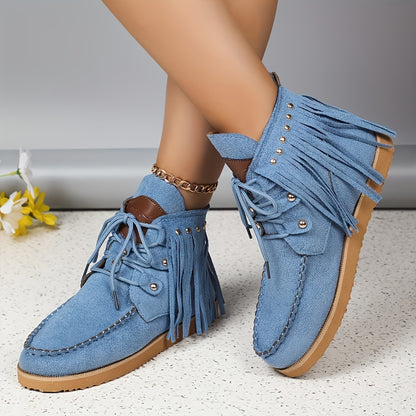 Women'S Fashion Solid Color Tassel and Rivet Chunky Sole Anti-Slip Soft Sole Chelsea Boots, Round Toe Lace-Up Zipper Western Cowboy Boots, Casual All-Season Comfort Flat Heel Dress Boots with Superfine Fiber Upper/Inner & Rub