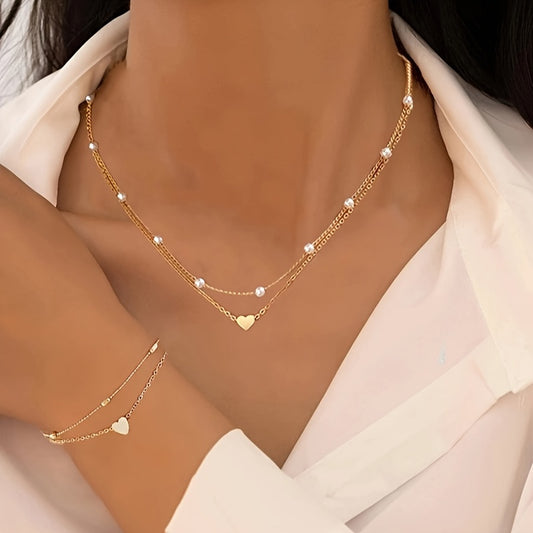 3pcs Set of Simple Love Imitation Pearl Necklace Bracelet Jewelry Set for Women, Dating, Vacation Gift, Daily Matching