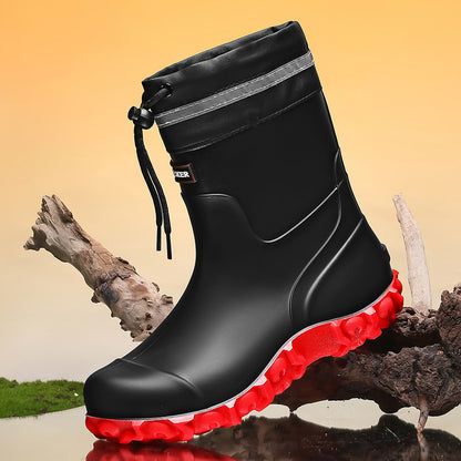 Men's Waterproof PU Rain Boots with Fleece Lining, Mid-Calf