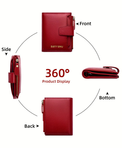 BANYANU Women'S Genuine Faux Leather Wallet - Red Lychee Grain Texture, Multi-Card Slots, Zippered Coin Pocket, Detachable ID Window, Compact Design for Everyday Use, Secure Coin Storage | Stylish Wallet | Synthetic