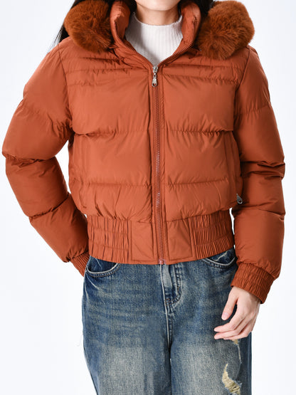 Էլեգանտ պոլիեսթերային բարձիկով կանացի բաճկոն - 2024 թվականի նորաձև կարճ միագույն վերարկու՝ հաստ արհեստական ​​մորթուց օձիքով, երկար թևքերով, կայծակաճարմանդով, գործված - Ձմեռային ջերմություն, առօրյա վերնազգեստ