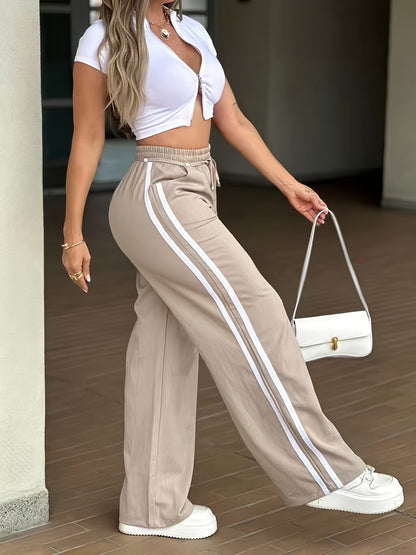 High-Waist Wide-Leg Casual Pants with Drawstring Waist