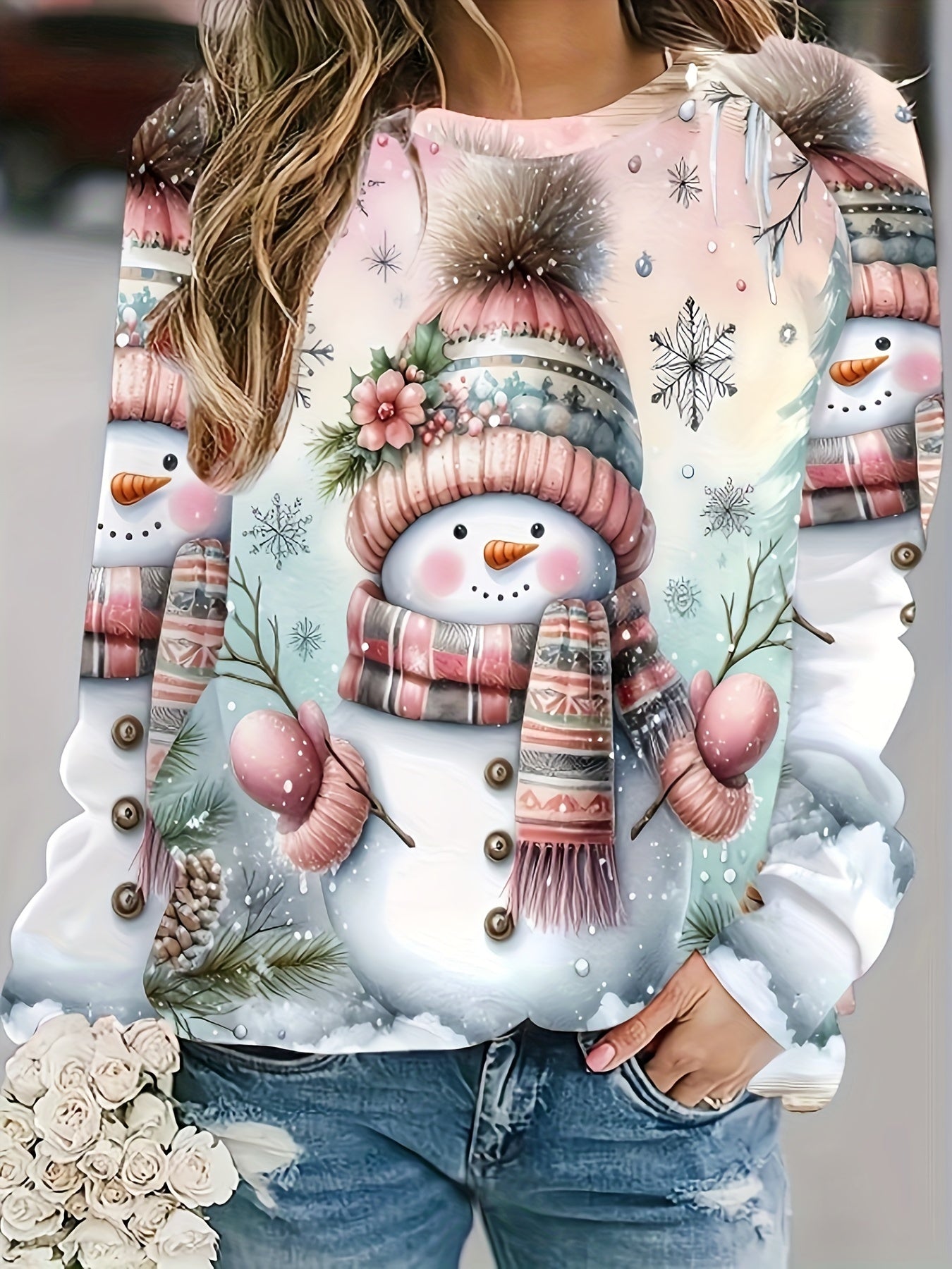 Women's Cozy Christmas Snowman Print Sweatshirt - Cute Pink Sweater with Collar & Raglan Sleeves, Soft Polyester-Spandex Blend Pullover for Winter Parties, Casual Holiday Sweater (Machine Washable)