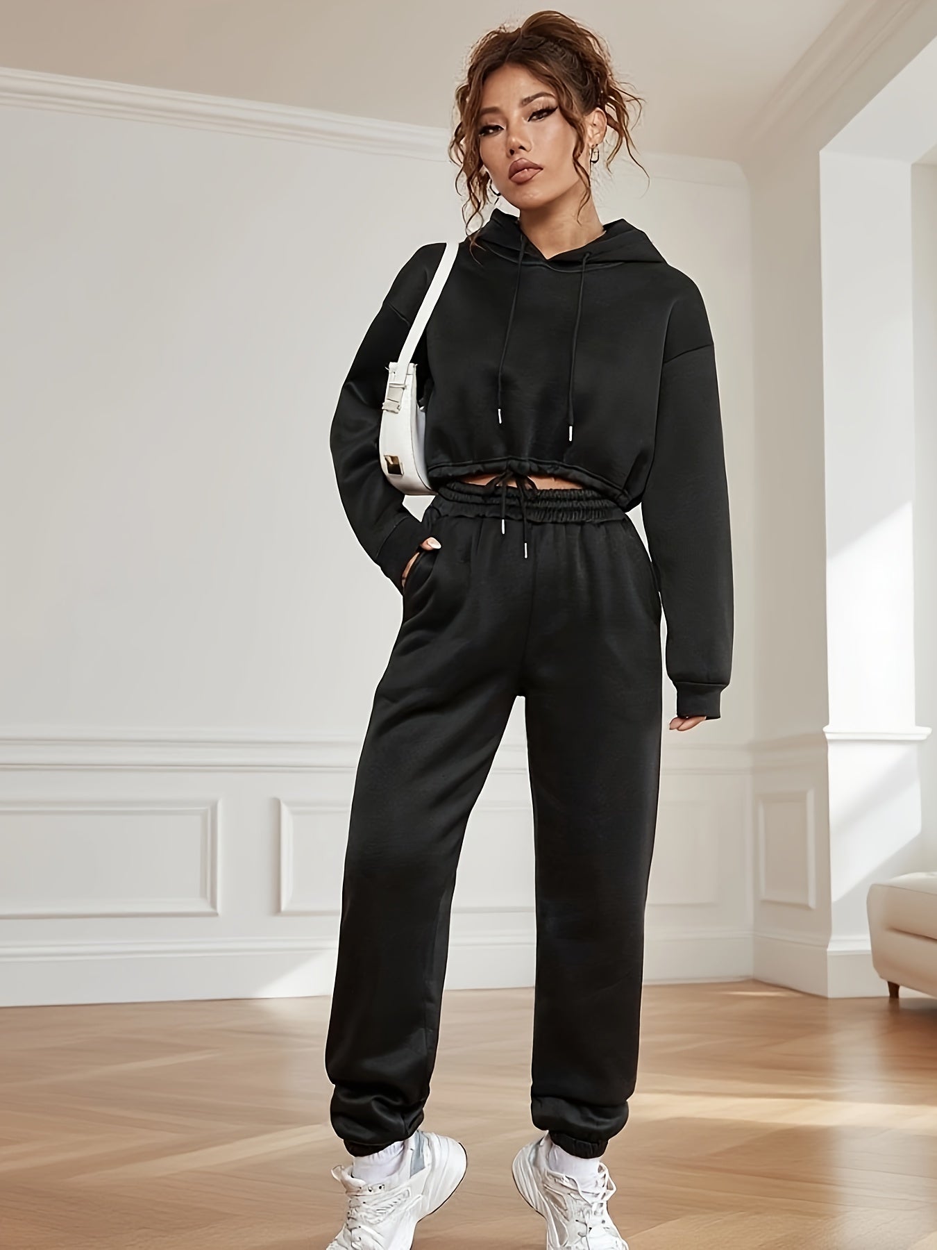 Casual Fall/Winter Polyester Hoodie Set with Drawstring
