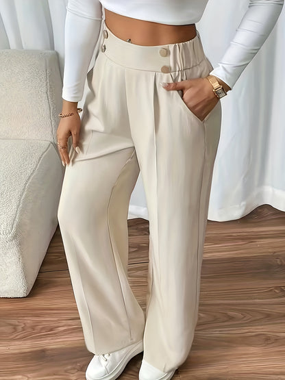 Women's Elegant Button-Waist Straight Leg Polyester Trousers
