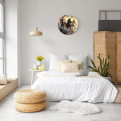 One piece, wooden wall clock with running horses pattern design, modern wall aesthetic decorative art wall clock, silent, suitable for living room, bedroom, kitchen, office decoration, home decoration, ideal Christmas, New Ye