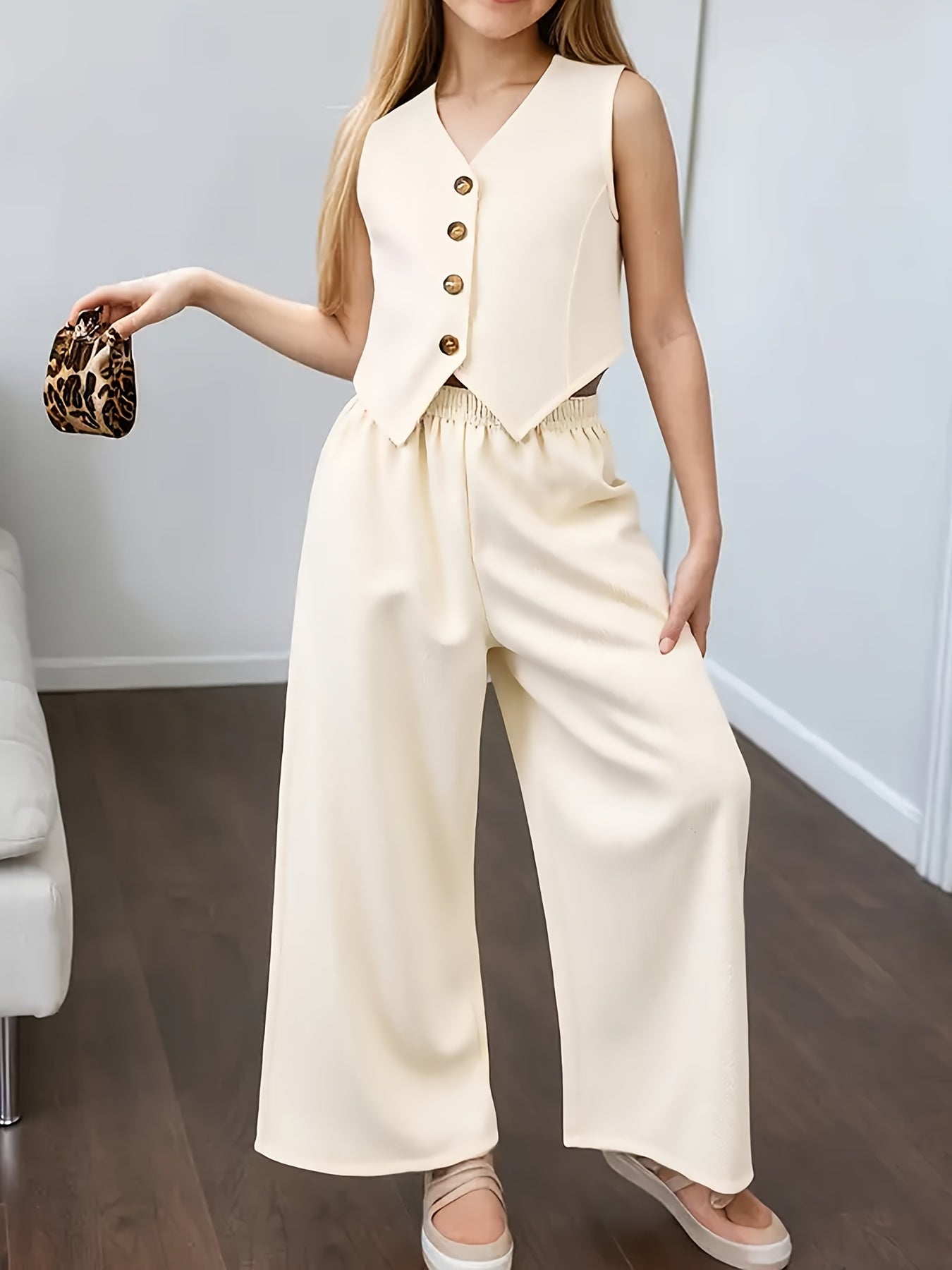 Girls' Summer Sleeveless Vest & Wide-Leg Pants Set