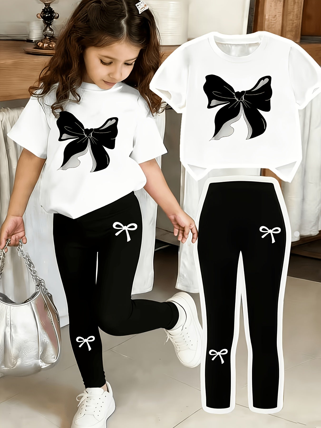 Girls Black Bow Print Top & Leggings Set, Summer Casual