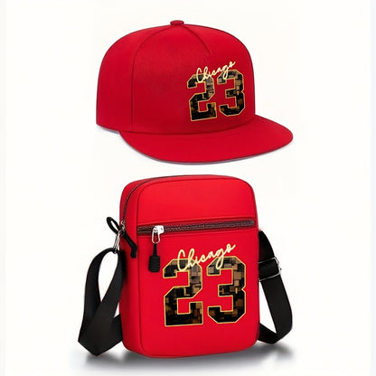 2pcs Chicago 23 Golden Print Baseball Cap & Crossbody Bag Set - Adjustable Snapback Hat with Black Mesh Back, Streetwear Style for Outdoor Sports, Casual Wear - Perfect Gift for Men, Chicago 23 Logo, Mesh Back Hat, Urban Fash
