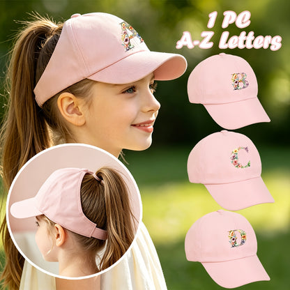 Adjustable Pink Baseball Cap for Kids with Floral Alphabet Design
