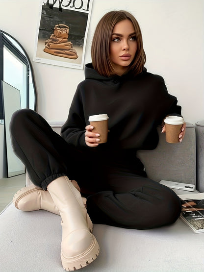 Women's Hooded Fleece-Lined Polyester Pant Set for Fall/Winter - ayq