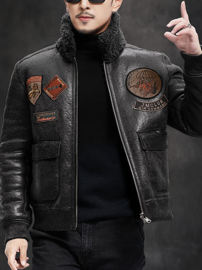 Men'S Faux Fur Lined Biker Jacket, Casual Long Sleeve Applique Air Force Style, Polyester 100% Knit Fabric, Solid Color Lapel Collar, Zipper Closure, Regular Fit for Daily & Golf Occasions - Fall/Winter Collection