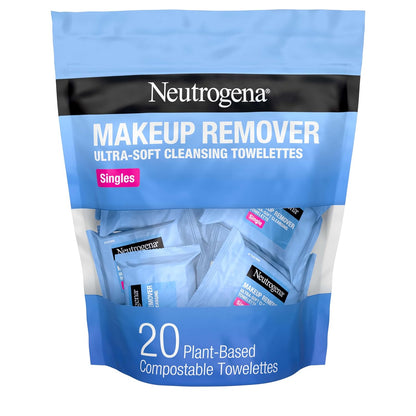 Neutrogena Makeup Remover Wipes Singles, Individually Wrapped Face Wipes, Daily Facial Cleanser Towelettes, Gently Removes Oil & Makeup, Alcohol-Free Makeup Wipes, 20 Ct
