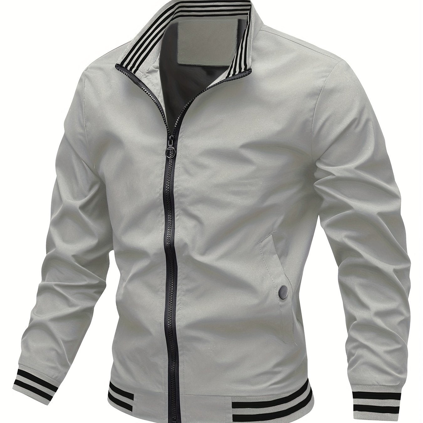 Men's Stand Collar Long Sleeve Zip Up Sports Jacket With Contrast Trim Design, Men's Spring Fall Outwear, As Gifts
