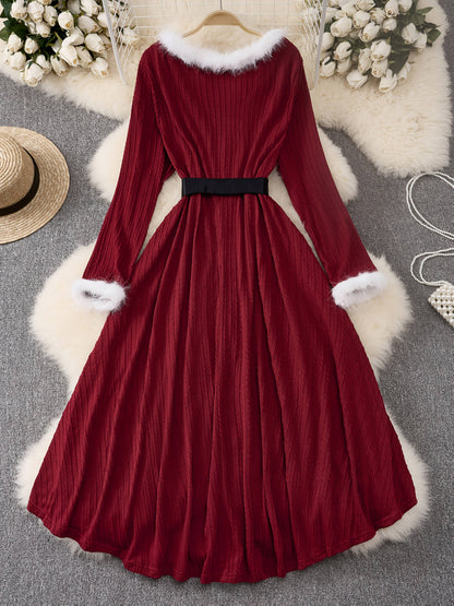 Plus Size - Plus Size, Women'S Elegant Formal Party Dress - Long Sleeve V-Neck with Adjustable Waist Belt, Flared Skirt - Elegant Evening Gown for Christmas, Galas, Weddings - Plus Size Friendly - Black Formal Attire, Formal