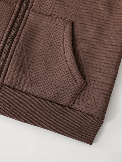 2pcs set of casual and fashionable fleece thickened Jacquard zipper pocket shoulder-length hooded sweatshirt and fleece Jacquard sports jogging pants suit, children's autumn and winter comfortable and versatile clothing, can