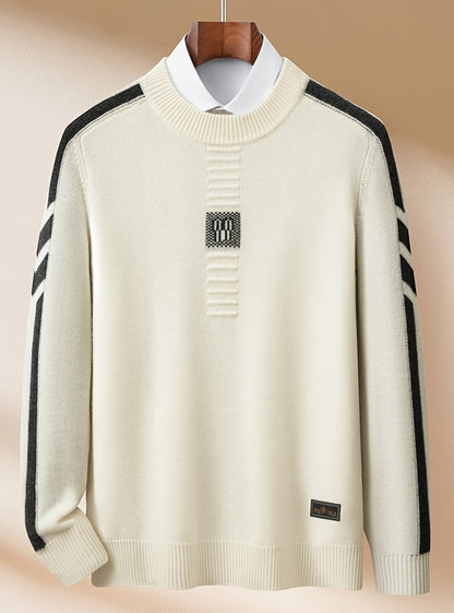 This Thick, Round-Neck Long-Sleeve Sweater for Men Features a Soft And Comfortable Design with Stylish Striped Edges, Perfect for Outdoor Gatherings And Everyday Wear, And Can Be Layered
