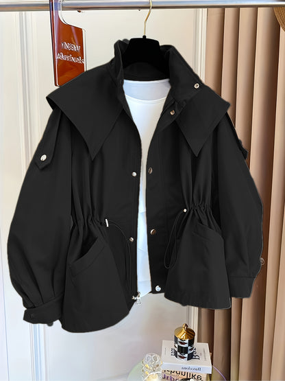 Կանացի միագույն պոլիեսթերային վերարկու՝ լարով գոտկատեղի, օձիքի և կրծքավանդակի գրպաններով - Գարնանային և աշնանային նորաձևություն, հարմարավետ, չձգվող գործվածք, ամենօրյա վերնազգեստ | Դասական երկար թևքեր | Չձգվող նյութ