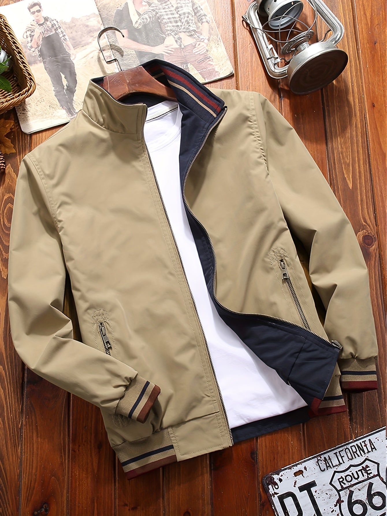 Men'S Stylish Beige Bomber Jacket with Red & Blue Trim - Double-Sided, Metal Zipper, Casual & Formal Wear, Perfect Gift for Husband or Boyfriend, Casual Outerwear | Doubleside Jacket | Polyester Lining