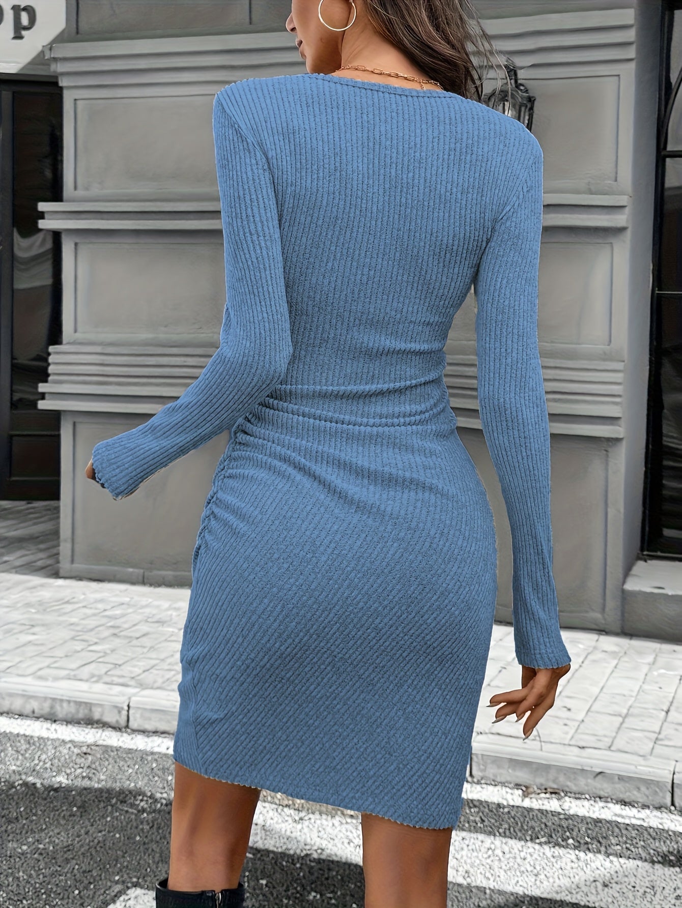 An Elegant Brushed Stretch Ribbed Dress for Women, Featuring an Asymmetrical Design, Perfect for Everyday Wear, Commuting, And Party Outfits.
