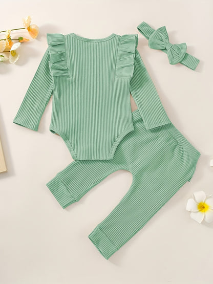 3pcs Baby Girl Outfit Set, Cute Ribbed Ruffle Long Sleeve Romper & Pants, 95% Cotton 5% Spandex, Crew Neck Pullovers, Solid Color, Regular Fit, No Belt, Fall/Winter Knit Fabric, 0-18 Months, for Outdoor